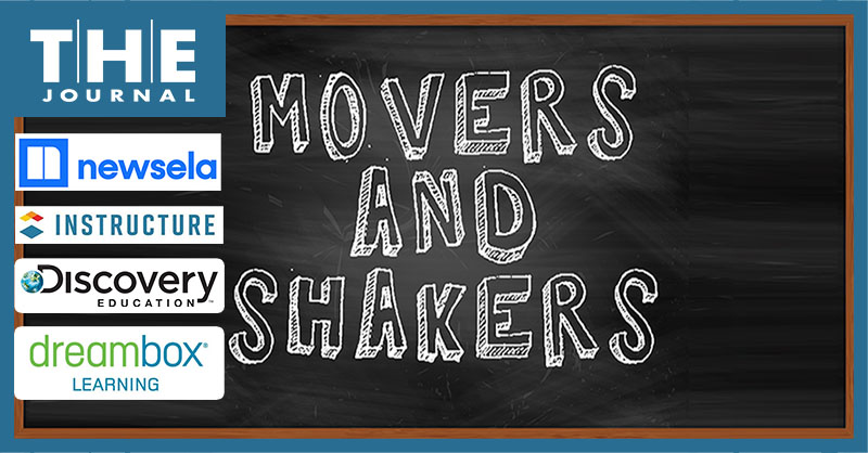 text reads movers and shakers with logos representing Newsela, Discovery Education, Instructure, and DreamBox Learning