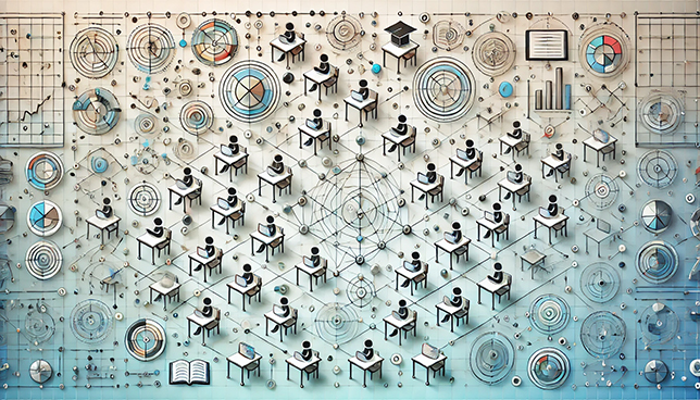 Pattern of desks with interconnected circles, triangles, and lines